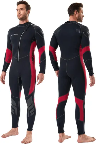 Seaskin Trajes de neopreno para hombres y mujeres de 3 mm con cremallera frontal, traje de neopreno completo Hombres Negro+Rojo