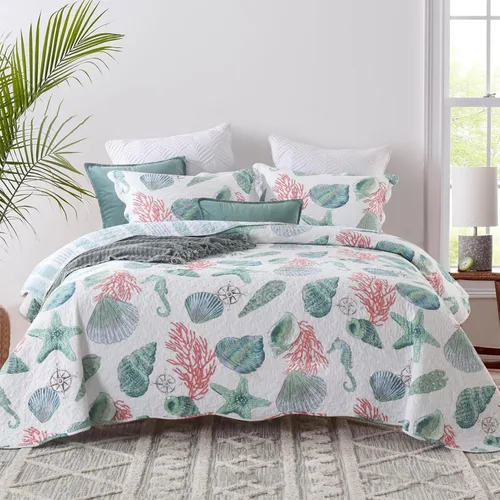 ABREEZE Juego de ropa de cama con temática de playa costera, tamaño Queen, colcha reversible de algodón con diseño de conchas y conchas de mar,