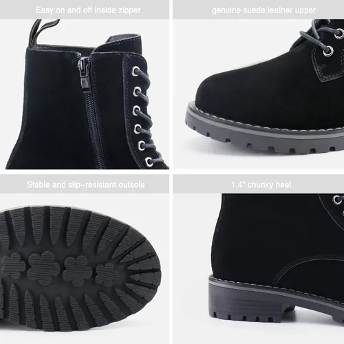 Miniatura 2 de JABASIC Botas de combate de cuero de gamuza para mujer, botas de tobillo con cordones y cremallera lateral