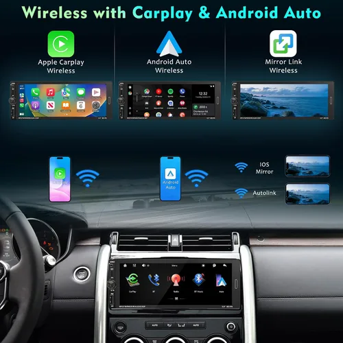 Miniatura 2 de Radio estéreo de coche de 6.9 pulgadas con pantalla táctil de un solo DIN, radio inalámbrica Apple Carplay y Android Auto, enlace de espejo, FM, EQ