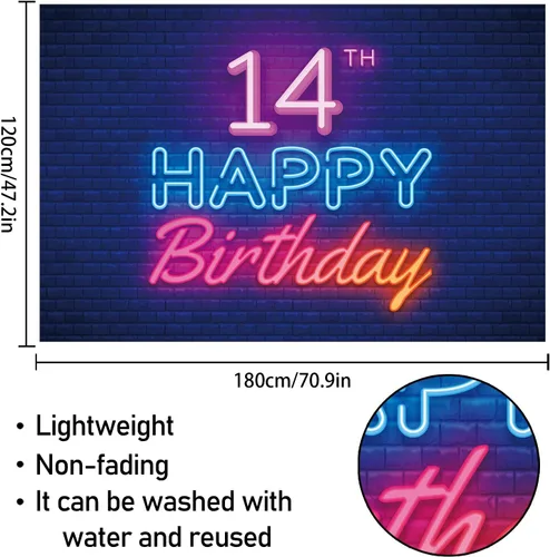 Miniatura 2 de Cartel de fondo de neón brillante con texto en inglés "Happy 14th Birthday", decoración temática de fiesta de cumpleaños de 14 años, suministros