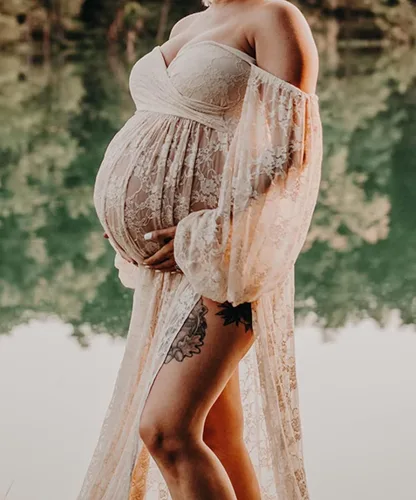 Miniatura 7 de Saslax Vestido largo de maternidad con hombros descubiertos y hombros descubiertos con abertura doble vestido de maternidad para sesión de fotos