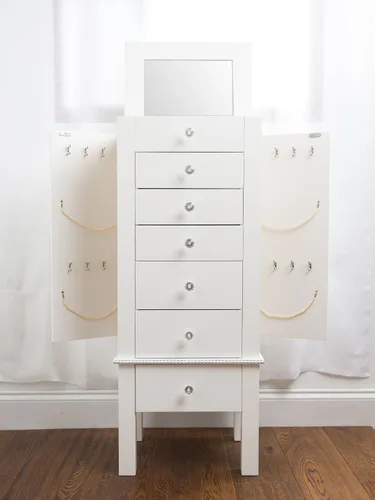 Miniatura 6 de Hives and Honey Kimberly Jewelry Armoire - Organizador de almacenamiento blanco moderno con cajones divididos y ganchos para collares, diseño