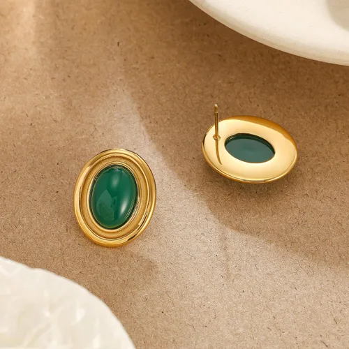 Miniatura 5 de Aretes gruesos de color dorado, geométricos de oro de 18 quilates, turquesa, lapislázuli, verde, rojo, ovalados para mujer