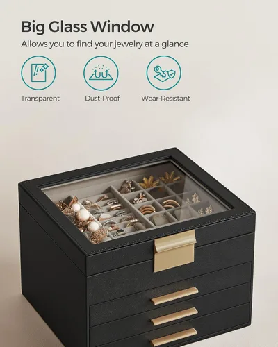 Miniatura 4 de SONGMICS Joyero organizador con tapa de vidrio, almacenamiento de joyas de 4 capas, con 3 cajones, estilo moderno, regalo de Navidad, 8 x 9.1 x 6.5