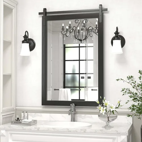 Miniatura 9 de Espejo Negro de Casa de Campo - Espejo Cuadrado de Baño con Marco de Madera de 24x36 Pulgadas para Tocador, Estilo Puerta de Granero Montado