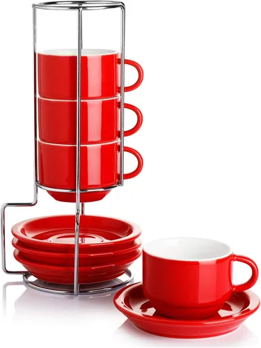 Miniatura 11 de Sweese - Juego de 4 tazas de espresso apilables de porcelana de 4 onzas con platillos y soporte de metal, color turquesa