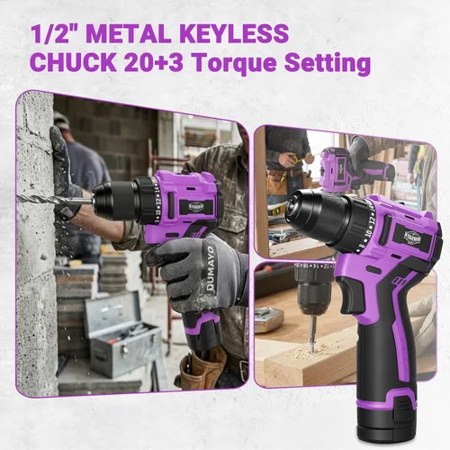 Miniatura 5 de Juego de taladro inalámbrico sin escobillas morado, kit de controlador compacto de 12 V con motor eléctrico, ajuste de par, 50 N.m, 2 velocidades