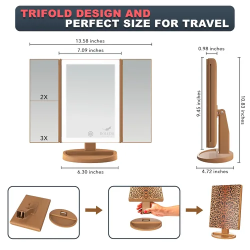 Miniatura 6 de RoLeDo Espejo de maquillaje iluminado con aumento 1 x 2 x 3X, espejo de tocador triple con luces, espejo de 72 LED, pantalla táctil, iluminación