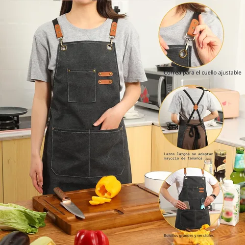 Miniatura 4 de Tosewever - Delantal de lona con espalda cruzada de chef de algodón para hombres y mujeres con bolsillos grandes Negro