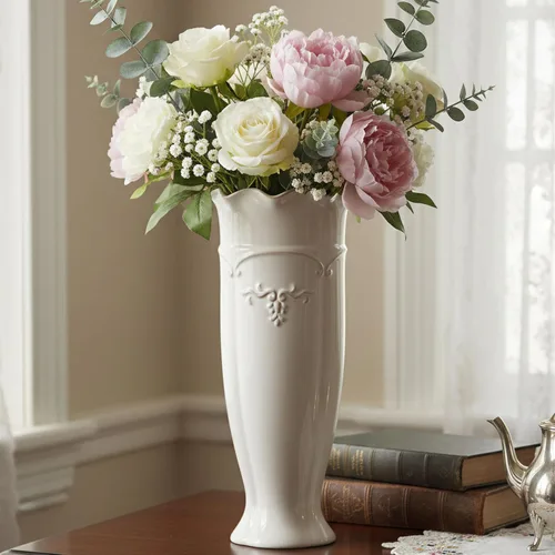 hjn Jarrón de cerámica blanca - Florero francés para decoración de flores/decoración del hogar/cocina/mesa/sala/estante/repisa/oficina-altura de