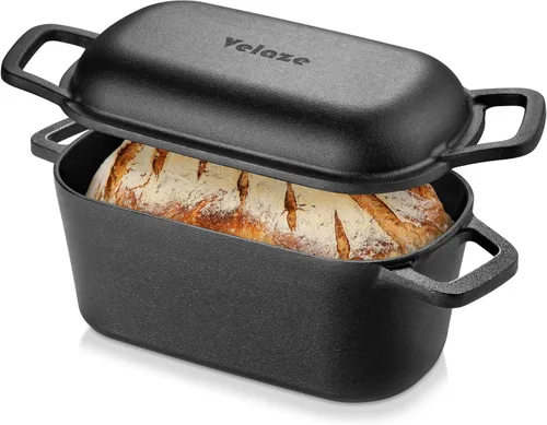Velaze Horno holandés de 3.6 cuartos de galón para hornear pan, sartén ovalada de hierro fundido con tapa y asas desplazadas, apto para horno hasta