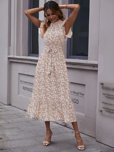 Miniatura 3 de MakeMeChic Vestido midi con cuello alto y volantes para mujer con mangas casquillo y cinturón