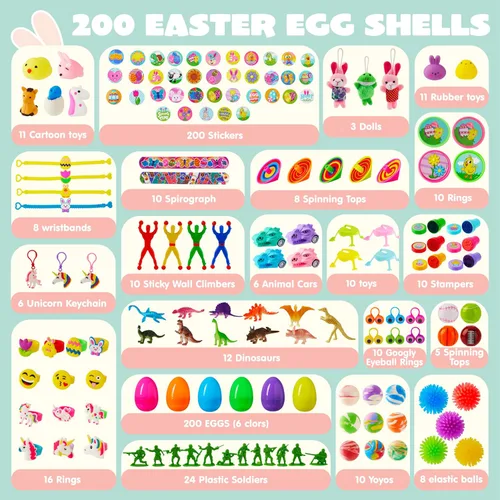Miniatura 4 de JOYIN 200 huevos de Pascua precargados con juguetes surtidos y calcomanías en el interior, huevos de Pascua rellenos para niños, rellenos
