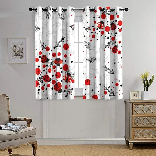 Miniatura 4 de Cortinas opacas de estilo japonés de mariquita de dibujos animados, diseño de eucalipto de mariquita roja y negra, juego de tratamiento de ventana