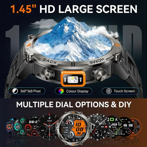 Miniatura 10 de Foxhawk Reloj inteligente militar para hombre, 1.45 pulgadas, resistente GPS, reloj inteligente táctico con brújula linterna LED, reloj de fitness