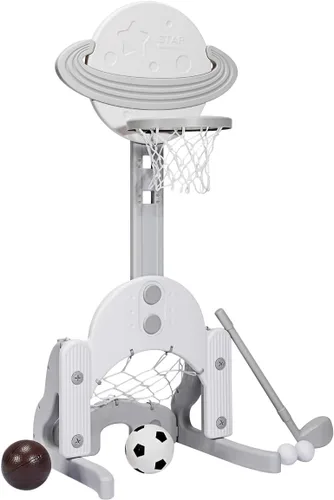 AKUSTIK 3 in 1 Toddlers Basketball Hoop Stand, Adjustable Height Sports Center with Basketball Soccer Golf Game Set, Portable Indoor Outdoor