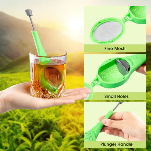 Miniatura 6 de 3 filtros de té de mango largo de plástico, infusor de té de malla con émbolo integrado, reutilizables, coladores de dos lados para té suelto, café