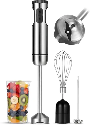 TEGH Juego de batidora de mano de inmersión 4 en 1, potente batidora de acero inoxidable de 800 W con batidor, picadora y vaso de precipitados,