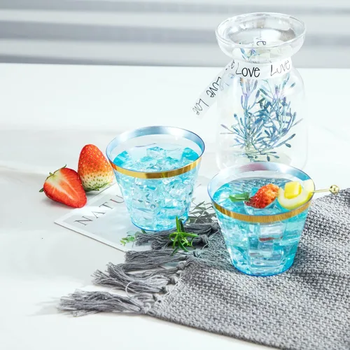 Miniatura 4 de LUODA 150 vasos de plástico azul, vasos desechables transparentes de 9 onzas con borde dorado, vasos de plástico con borde dorado, vasos de plástico