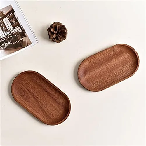 Miniatura 2 de Juego de 2 mini bandejas para servir joyas y monedas, bandeja ovalada de madera natural para postres, plato pequeño de queso de madera, bandeja