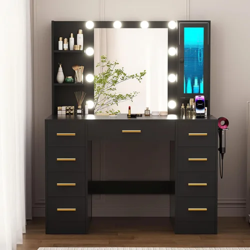 Miniatura 9 de ERLEJIA Escritorio de tocador con espejo y luces, tocador de maquillaje grande de 43 pulgadas con 9 cajones, 3 estantes abiertos, iluminación LED