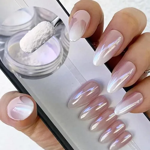 Miniatura 3 de WOKOTO Polvo de uñas de cromo perla blanca para arte de uñas, efecto espejo holográfico Aurora, polvo cromado, concha iridiscente, pigmento de arte