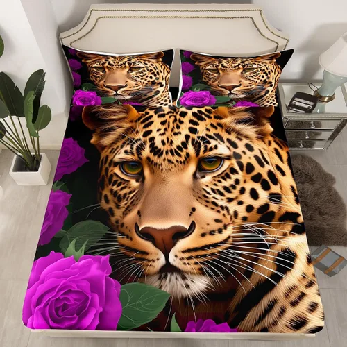 Miniatura 43 de Erosebridal Juego de sábanas bajeras de rosas rojas y leopardo, tamaño individual, diseño de animales africanos salvajes, diseño de plantas