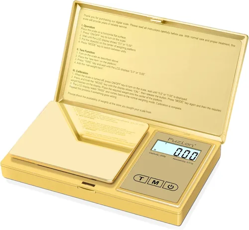 Fuzion Báscula de gramo, báscula digital de bolsillo de 7.05 oz x 0.00 oz, chapado en titanio dorado, escala pequeña de alta precisión, 6 unidades