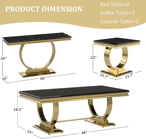 Miniatura 3 de ACEDÉCOR Moderno juego de mesa de centro de 4 piezas, dorado, mesa de mármol sintético, incluye mesa auxiliar, 2 mesas auxiliares, mesa consola, Oro