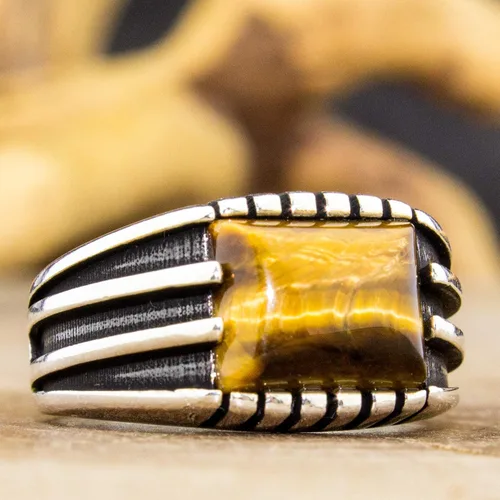 Miniatura 4 de Anillo elegante de plata de ley 925 con diseño especial de ojo de tigre natural para hombre, Metal Metal Piedra, Ojo de tigre