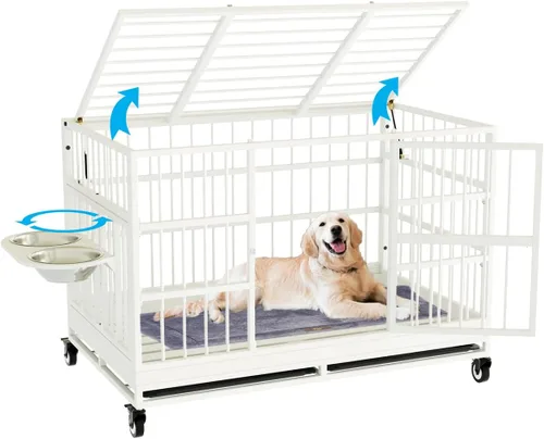 Miniatura 8 de Snuowu Jaula para perros de alta resistencia de 42 pulgadas con ruedas, jaula indestructible a prueba de escapes para perros grandes, extragrande