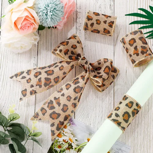 Miniatura 4 de WILLBOND Cinta estampada de guepardo de 10 yardas x 2.5 pulgadas, cinta de arpillera de leopardo de Navidad, tela de arpillera natural