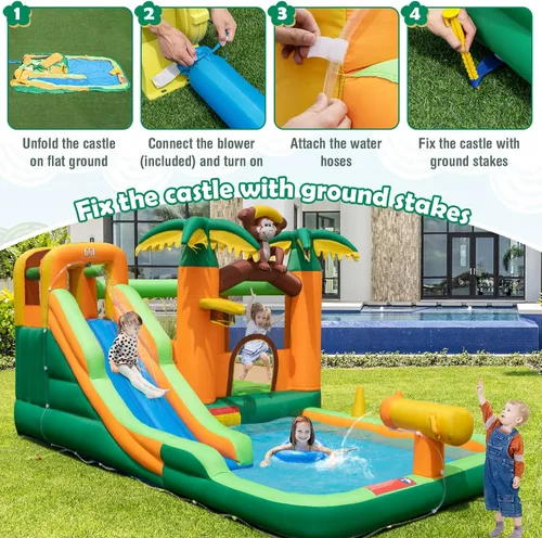 Miniatura 8 de BOUNTECH Tobogán acuático inflable, castillo de salto de parque acuático para niños con tobogán largo, piscina de salpicaduras, toboganes acuáticos