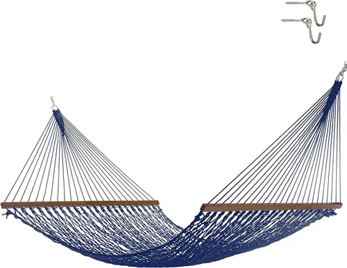 Miniatura 9 de Nags Head Hammocks First Mate - Hamaca de cuerda DuraCord azul marino, 12 pies x 50 pulgadas, capacidad de 450 libras, barra esparcidora Cumaru
