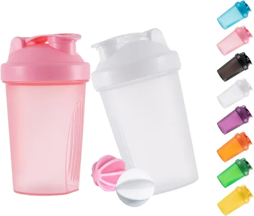 Miniatura 8 de Shaker Bottle - Batido de proteínas y botella agitadora de 16 onzas/13.5 fl oz con bolas batidoras, plástico sin BPA (azul + rosa (2 unidades)