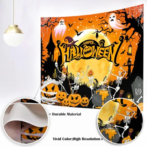 Miniatura 4 de Mocsick - Telón de fondo de Halloween para fotografía, noche naranja, luna, decoración de fiesta de Halloween, truco o trato, calavera, calabaza