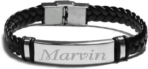 Zacria Pulsera con nombre MARVIN - Pulsera personalizada de cuero trenzado grabado para hombre. Incluye caja de regalo y bolsa de regalo. Placa de