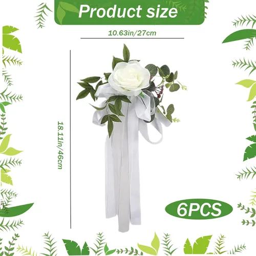 Miniatura 6 de Decoraciones de pasillo para ceremonia de boda, 6 piezas de rosas artificiales para decoración de pasillo de boda con cintas, decoración floral