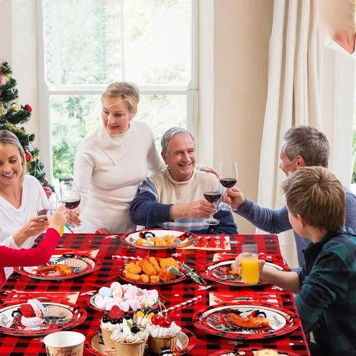 Miniatura 6 de Juego de vajilla desechable de 194 piezas de Feliz Navidad, suministros de fiesta de Navidad a cuadros, incluye platos de camión rojos, tazas