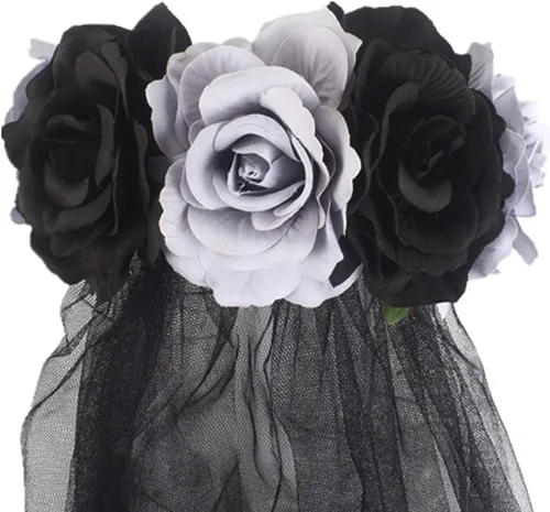 Miniatura 2 de Disfraz de Halloween para mujer, guirnalda de rosas rojas y negras, diadema gótica con flores, diadema para cadáver, velo de novia, cosplay, corona