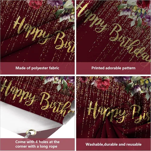 Miniatura 3 de AIBIIN Cartel de feliz cumpleaños, decoración de fiesta de cumpleaños de rosa roja para mujer, con purpurina dorada floral, suministros de fiesta