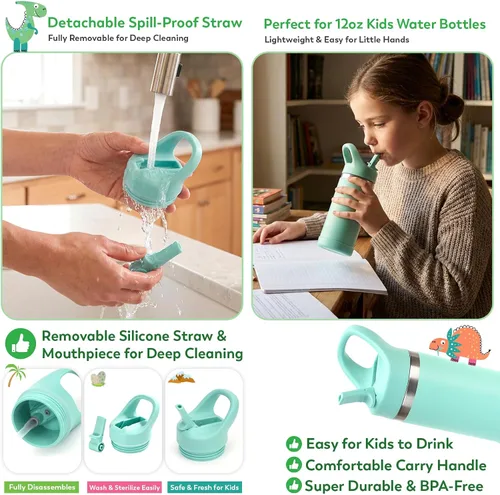 Miniatura 3 de Hydraful Botella de agua para niños de 12 onzas con tapa de pajilla, botella de acero inoxidable aislada al vacío, botella de agua deportiva sin BPA