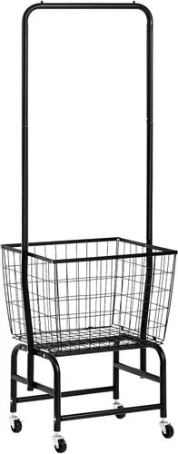 ALIMORDEN Carro de lavandería con perchero, carrito de lavandería rodante con ruedas, canasta extra grande, negro