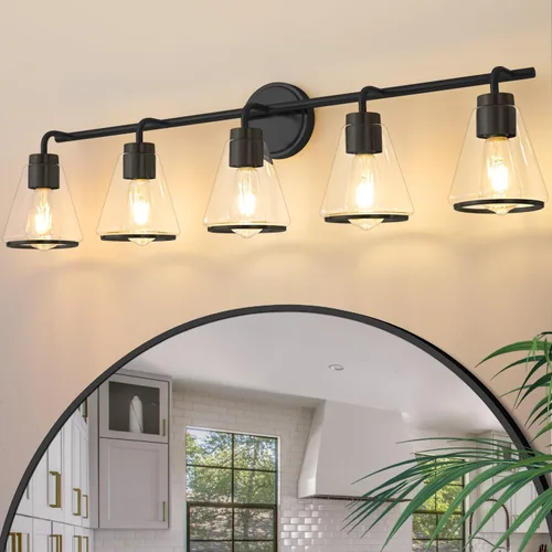 Miniatura 16 de Accesorios de iluminación de baño sobre espejo Luces de tocador doradas de 2 luces con pantalla de vidrio transparente de 14 pulgadas Luces