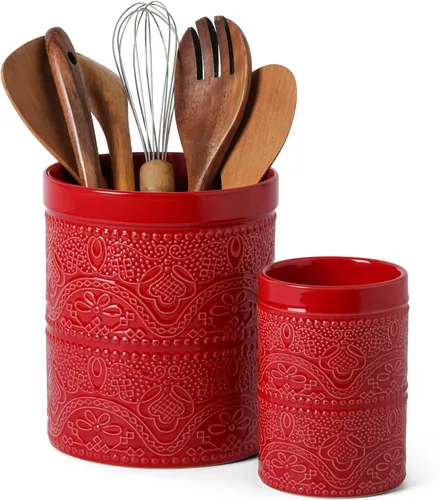 Miniatura 8 de FUN ELEMENTS Soporte para utensilios de cocina, 7.2" Recipiente para utensilios súper grande pesado y estable de cerámica con relieve de encaje