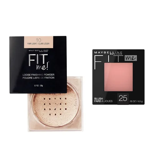 Maybelline Fit Me - Polvo de acabado suelto + paquete de maquillaje Fit Me Blush, incluye 1 polvo fijador en feria y 1 rubor en rosa