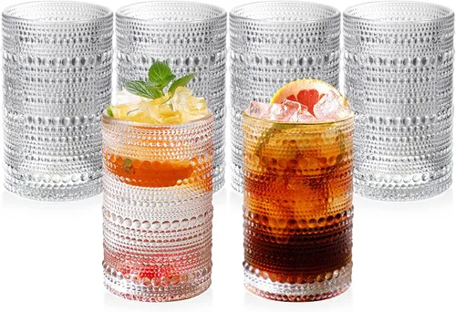 Juego de 6 vasos de hobnail vintage de 13 onzas, cristalería vintage en relieve transparente para agua, jugo, cóctel, vino, cerveza, whisky para el