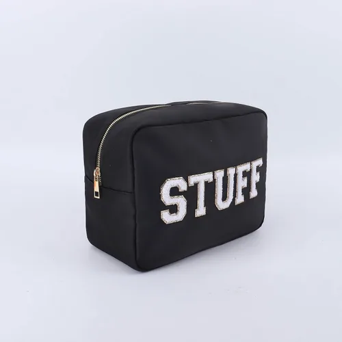 Miniatura 2 de SkyTen - Bolsa de maquillaje con letras de chenilla, estuche de nailon para cosméticos, organizador de viaje Glam Stoney Trébol Dupe, Negro -, Bolsa