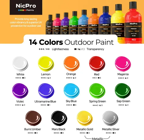 Miniatura 2 de Nicpro Juego de pintura acrílica al aire libre de gran volumen de 14 colores (500 ml, 16.9 oz) Suministros de pintura artística ricos, no tóxicos